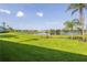 Expansive backyard with lush green grass, scenic pond view, mature palm trees, and surrounding community buildings at 25555 Heritage Lake Blvd # 27, Punta Gorda, FL 33983