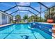 Enclosed pool featuring a dolphin mosaic, cascading waterfall, and mature landscaping at 421 Strasburg Dr, Port Charlotte, FL 33954