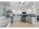Modern kitchen featuring white and light blue cabinets, stainless steel appliances, and patterned backsplash at 5273 Crestline Ter, Port Charlotte, FL 33981