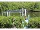 Scenic view of boat dock and lift surrounded by lush greenery, perfect for waterfront living at 2467 Herron Ter, Port Charlotte, FL 33981