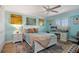 Comfortable bedroom featuring a ceiling fan, a white bed, and a dedicated workspace with plenty of natural light at 53 W Bay Heights Rd # 307, Englewood, FL 34223