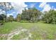 Lawn backyard with scattered mature palm trees and landscaping surrounding the screened-in pool at 1722 Amnesty Dr, North Port, FL 34288