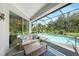 Screened-in pool with comfortable seating and view of landscaped backyard at 1722 Amnesty Dr, North Port, FL 34288
