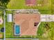 Straight down aerial shot showcasing a screened pool and shed of the property, and roof at 4038 Corydon Ave, North Port, FL 34286