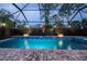 The screened in pool at night, lit by external lighting; creates a relaxing backyard oasis at 11105 Balfour E St, Venice, FL 34293