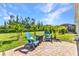 Relaxing patio area with stylish blue Adirondack chairs, fire pit table, and tropical palm trees at 25272 E Lenox Cir, Punta Gorda, FL 33950