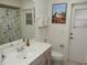 Bathroom features a vanity, toilet, shower with patterned curtain and custom painted art at 388 Orlando Blvd, Port Charlotte, FL 33954