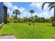 Lush backyard with mature palm trees, bench seating, and meticulously maintained landscaping at 170 Antilla Dr, Rotonda West, FL 33947