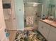 Bathroom featuring a glass enclosed shower with shelves, white vanity and tropical print rug at 25228 E Lenox Cir, Punta Gorda, FL 33950