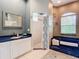 Elegant bathroom featuring a blue-accented vanity, walk-in shower, and a luxurious bathtub with a window view at 6594 Buckboard St, North Port, FL 34291