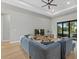 Inviting living room with tray ceiling, modern furnishings, and scenic views from the sliding glass doors at 14166 Fort Worth Cir, Port Charlotte, FL 33981