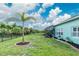 Lush backyard featuring a healthy palm tree, a screened lanai, and fresh landscaping, creating a serene outdoor space at 9954 Audrey St, Port Charlotte, FL 33981