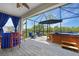 Enjoy the screened-in lanai, perfect for entertaining, complete with hot tub, lounge chairs, and outdoor umbrella at 11383 Burgundy Dr, Venice, FL 34293