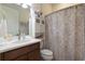 Cozy bathroom with vanity and cabinet, complemented by a patterned shower curtain at 13935 Campoleone St, Venice, FL 34293