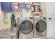 Practical laundry room with stainless steel washer and dryer, and overhead storage at 1546 Gourmet Rd, North Port, FL 34288