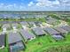 An aerial view of a new construction community showcasing modern homes near a picturesque lake and roadways at 16336 Preservation Blvd, Punta Gorda, FL 33982