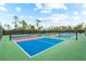 Outdoor pickleball court with green, red, and blue court surfaces, black chain link fence, and blue sky background at 17336 Sandpearl Rd, Venice, FL 34293