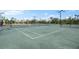 An outdoor tennis court featuring a green court surface and dark fence with overhead lighting for evening play at 17336 Sandpearl Rd, Venice, FL 34293