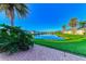 A serene backyard view with a tranquil pond, lush green grass, and palm trees, perfect for relaxation at 584 Gadsen St, Englewood, FL 34223