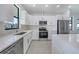 Contemporary kitchen with white cabinets, stainless steel appliances, and light backsplash at 9262 Genesee St, Port Charlotte, FL 33981