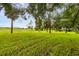 Large grassy backyard with mature trees and golf course view at 2024 Lynx Run, North Port, FL 34288
