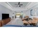 Spacious living room features neutral tones, a ceiling fan, and access to the outdoor living space at 552 Box Elder Ct, Englewood, FL 34223