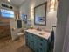 Bathroom features a teal vanity, walk-in shower and decorative artwork at 8025 Weyers Ct, Englewood, FL 34224