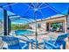 Relaxing pool area with blue umbrella and patio chairs under a screened enclosure at 2148 La Palma Ave, Port Charlotte, FL 33953
