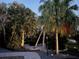 Lush tropical landscaping illuminates the walkway at night at 4656 Pompano St, Placida, FL 33946