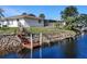Waterfront backyard featuring a private dock, boat lift, and a tranquil canal view perfect for boating at 560 Sandlor Dr, Englewood, FL 34223
