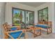 Outdoor patio with wooden furniture and a view of the manicured lawn at 2950 N Beach Rd # A315, Englewood, FL 34223