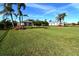 Spacious backyard showcasing a pristine lawn, mature palm trees, and a charming residence with a screened-in lanai at 13307 Eisenhower Dr, Port Charlotte, FL 33953