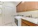 Functional laundry room with wooden cabinets, washer, dryer, and a utility sink at 13376 Creekside Ln, Port Charlotte, FL 33953