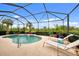 Sparkling pool with sun loungers on the patio, surrounded by lush landscaping and a screened enclosure at 13376 Creekside Ln, Port Charlotte, FL 33953