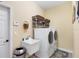 Functional laundry room with washer, dryer, utility sink, and storage shelves with wicker baskets. Features neutral tones and a doorway at 252 Australian Dr, Rotonda West, FL 33947