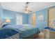 Cozy bedroom featuring blue walls, ceiling fan, and comfortable king-size bed at 5703 Holiday Park Blvd, North Port, FL 34287