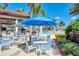 Outdoor dining area featuring blue tables, chairs, and umbrellas near the pool, surrounded by palm trees and lush landscaping at 10953 Bullrush Dr, Venice, FL 34293