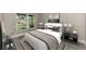 A staged bedroom with a large window providing natural light, hardwood floors, and modern furnishings at 1183 Cedar Ave, Englewood, FL 34223