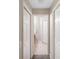 Hallway features a carpet floor, two white doors, and an open view into the bathroom with light wood flooring at 1332 Hedgewood Cir, North Port, FL 34288
