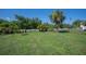 Spacious front yard with green grass, palm trees, and a black chain link fence at 14382 Lillian Cir, Port Charlotte, FL 33981