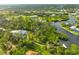 Beautiful aerial showcasing waterfront property with a pool surrounded by verdant landscape at 150 N Oxford Dr, Englewood, FL 34223