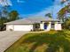 Inviting single-Gathering home features a pristine lawn, manicured landscaping, and a striking blue front door at 150 N Oxford Dr, Englewood, FL 34223