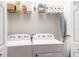 Practical laundry room featuring a side-by-side washer and dryer, with shelving for storage at 19241 Serafina St, Venice, FL 34293