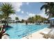 Beautiful community pool featuring a large sun deck, lounge chairs, and palm trees at 23781 Waverly Cir, Venice, FL 34293