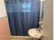 Bathroom featuring pink tiled walls, blue shower curtain, and a classic pedestal sink at 1417 Terry Ave, Punta Gorda, FL 33980