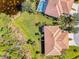 Aerial view of a home with a screened pool and large green lawn surrounded by palm trees and lush greenery at 2625 Wax Myrtle, Port Charlotte, FL 33953