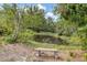 Scenic view of a pond surrounded by lush greenery, with a concrete bench in the foreground at 730 Buckskin Ct, Englewood, FL 34223