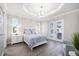 Bright bedroom with access to a pool, neutral tones, and a tray ceiling at 213 Sunset Rd, Rotonda West, FL 33947