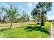 Beautiful green backyard with view of neighboring homes and a palm tree at 284 Talquin Ct, Englewood, FL 34223