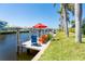 Waterfront dock with colorful chairs and umbrella, offering a relaxing space to enjoy the canal views at 471 Capri Isles Ct, Punta Gorda, FL 33950